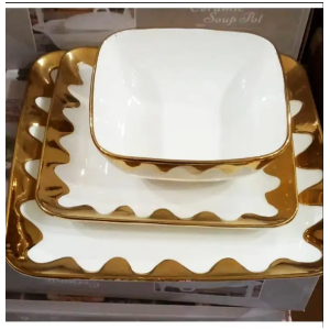 Plats +bols cassable pour repas en famille et invités - couleur or/blanc