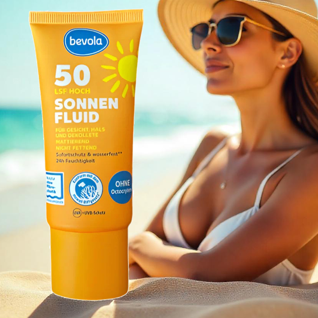 Application de la crème solaire Bevola sur la main, montrant sa texture fluide et non grasse