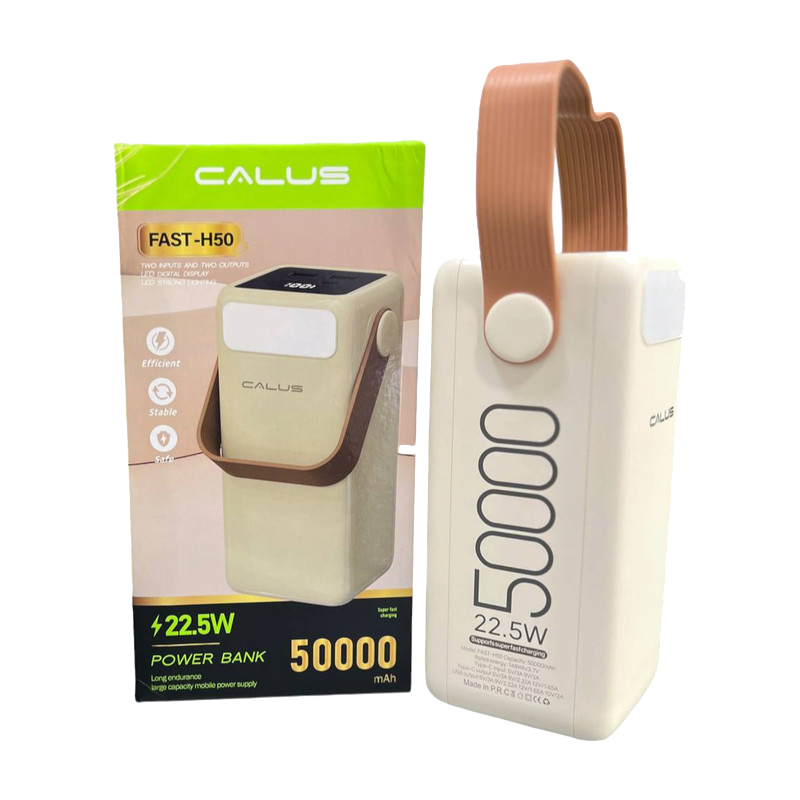 Power Bank Calus 50000mAh de face, montrant son design robuste et son écran LED