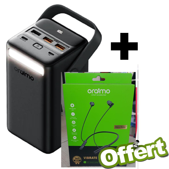 Power bank Oraimo 50 000mah + un écouteur Bluetooth Oraimo (promo valable jusqu’au 24 mai 2025)