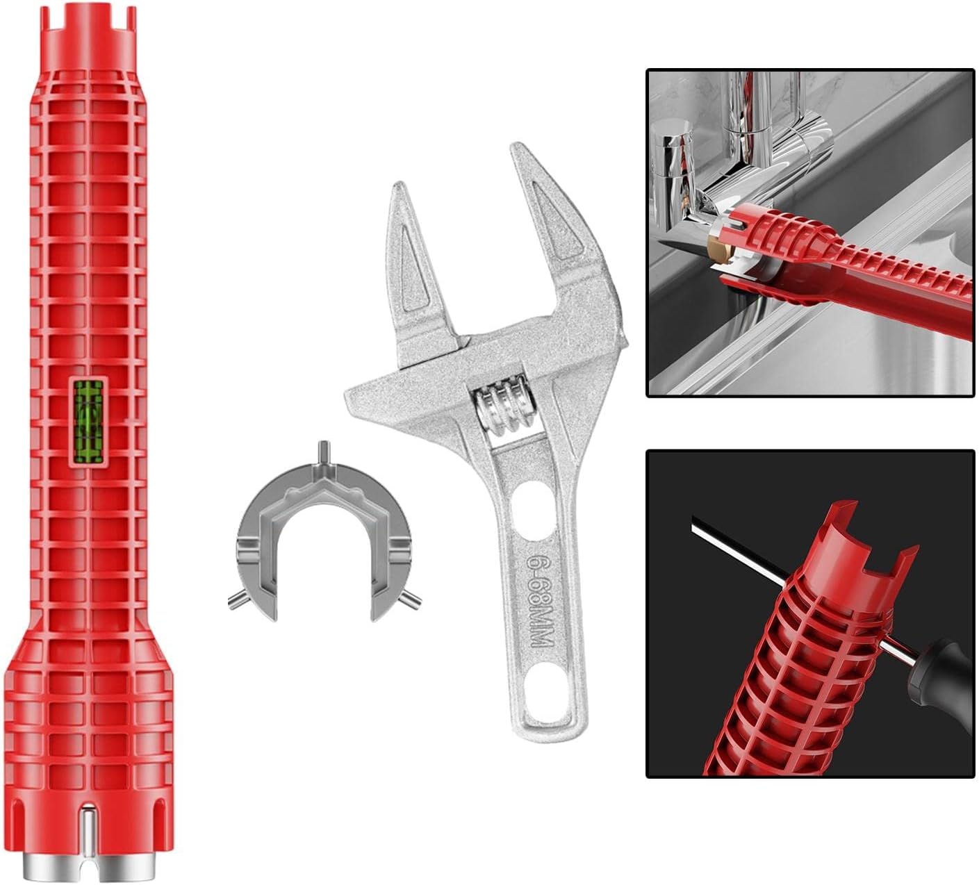 Détail de la tête de la clé de plomberie, montrant son ajustement sur un écrou de robinet