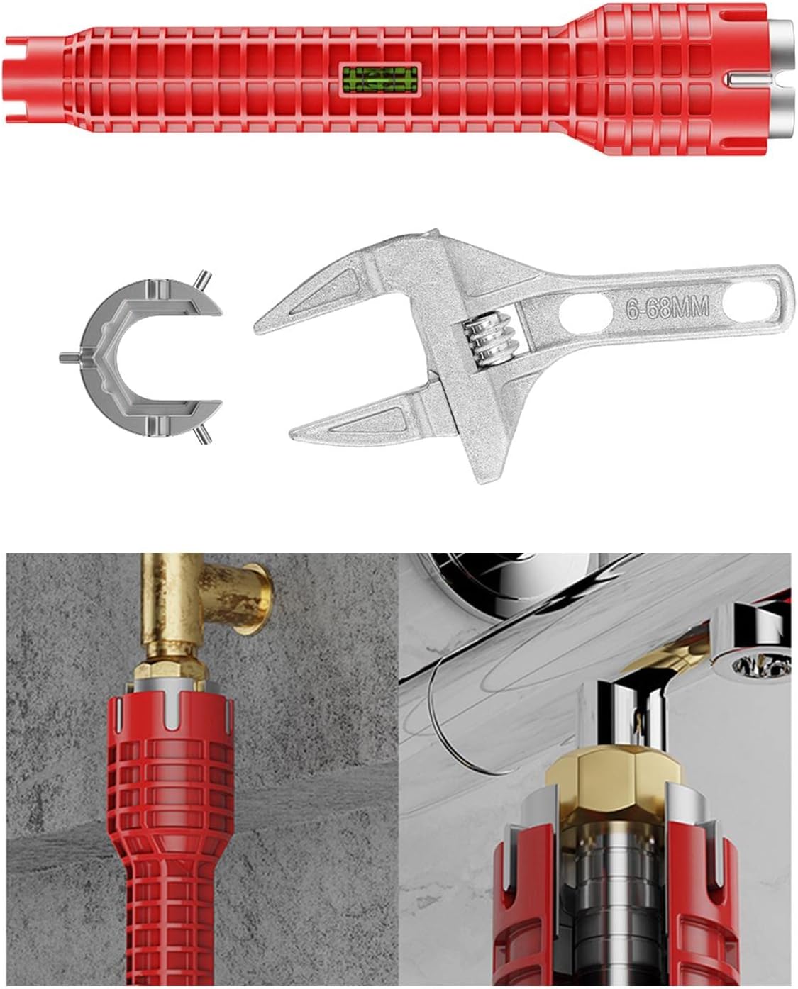 Clé de plomberie polyvalente rangée dans une boîte à outils avec d'autres accessoires