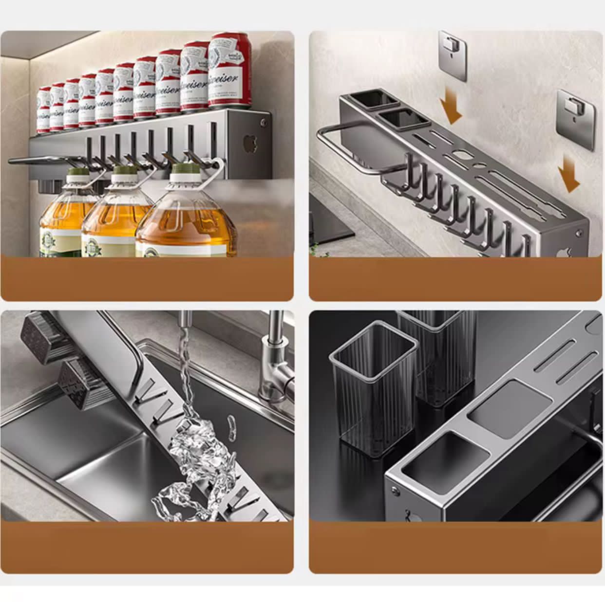 Support mural organisateur pour ustensiles de cuisine vu de face, montrant les crochets et compartiments