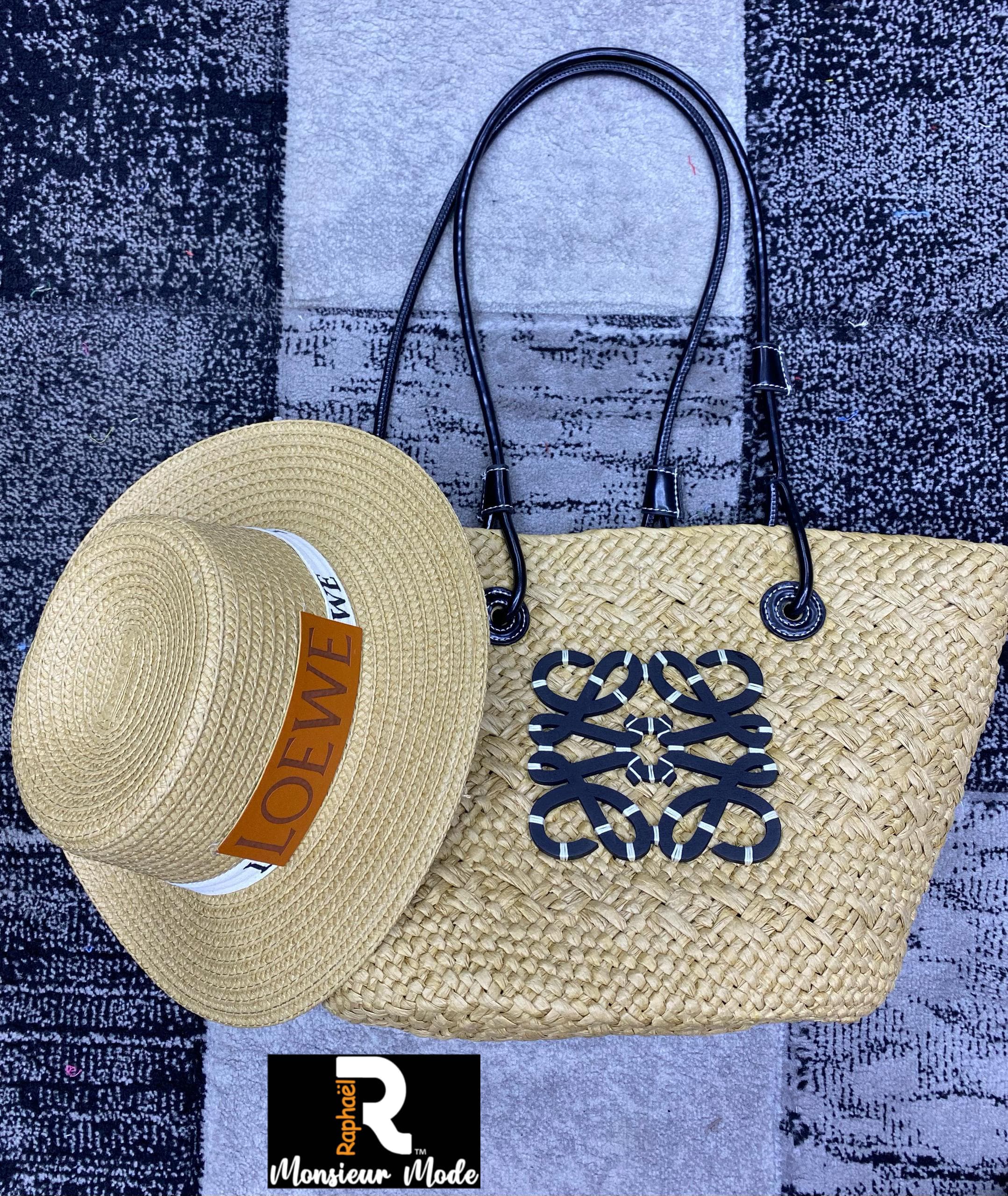 Ensemble Chapeau et Sac Tissé en Fibre Naturelle - Set Accessoire Plage Éthique - Chapeau à Bord Large et Sac Cabas - Protection UV 50+