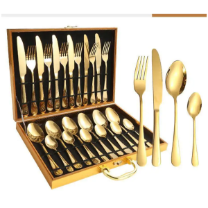 Coffret de 24 Pièces de Couverts de Table Dorés - Ensemble Complet 6 Cuillères, 6 Fourchettes, 6 Couteaux et 6 Cuillères à Café - Service de Table Élégant