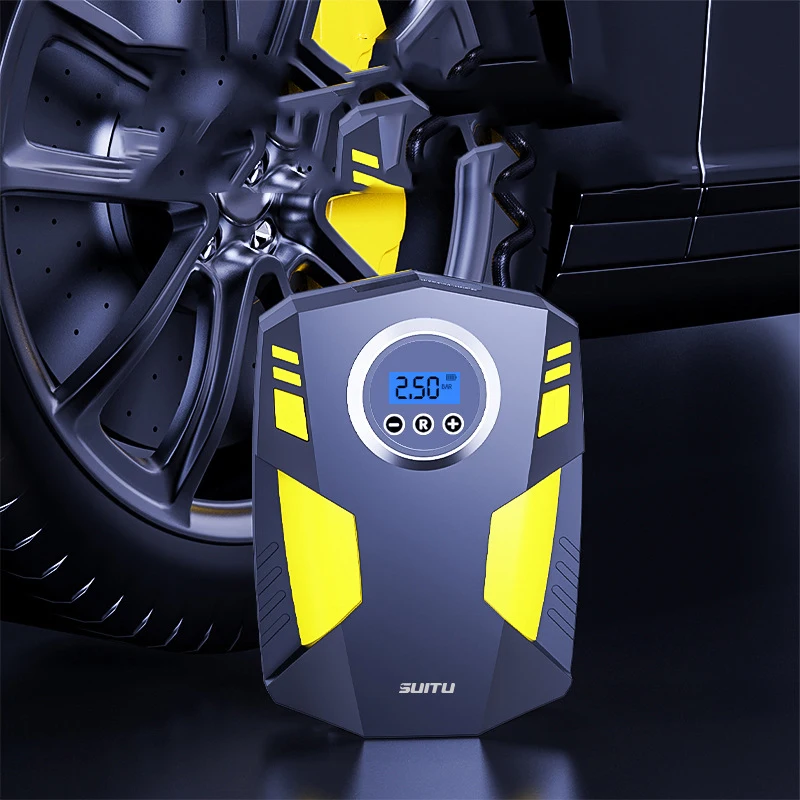 Compresseur à air rangé dans son coffret de transport dans le coffre d'une voiture