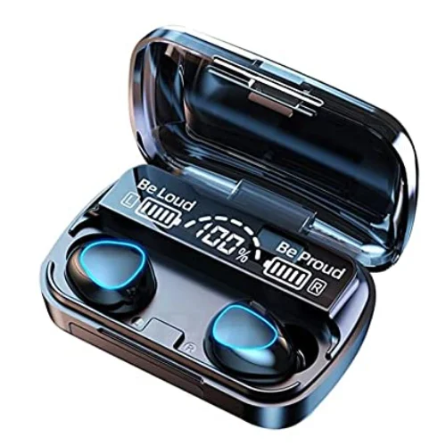 Écouteurs Bluetooth Airpod M10 V5.1 en charge dans leur étui, design moderne et compact