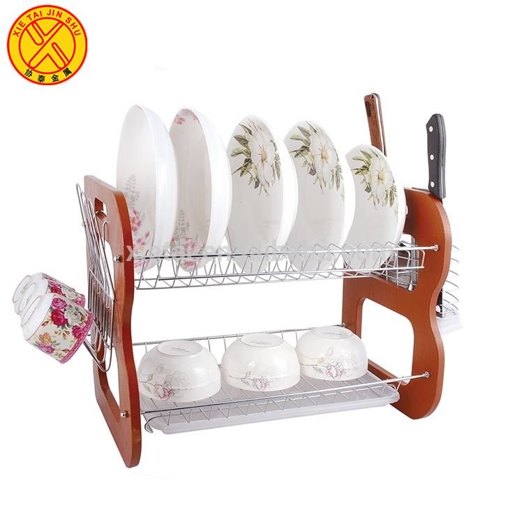 Égouttoir à vaisselle 2 niveaux en acier inoxydable, vu de face avec vaisselle rangée