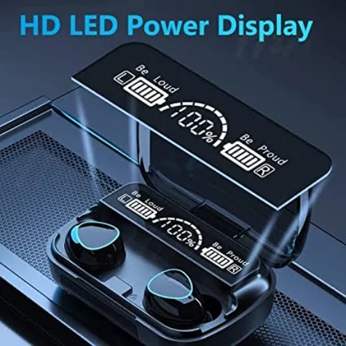 Écouteurs Airpod M10 V5.1 noirs, montrant leur finition élégante et leur taille compacte