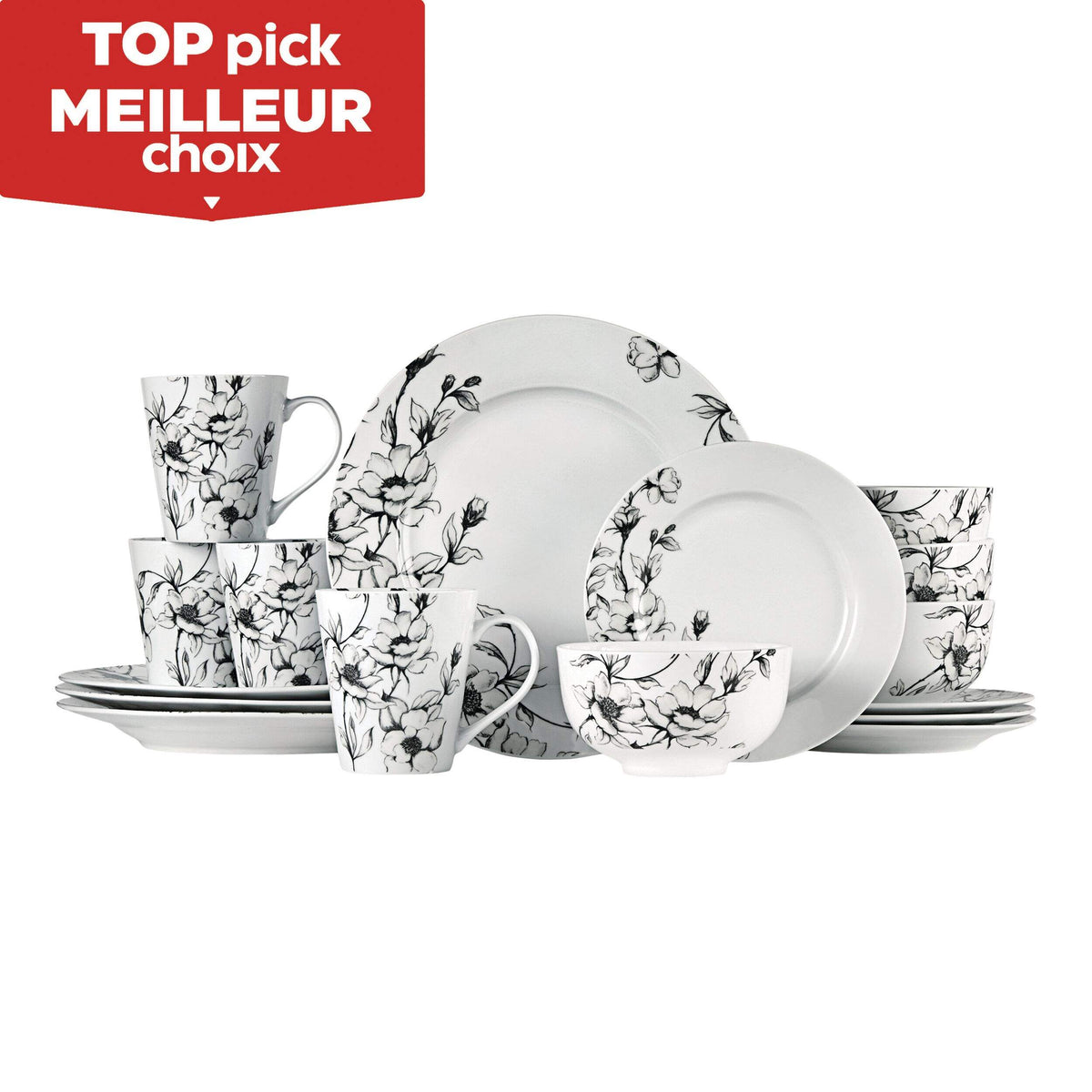 Ensemble de vaisselle Canvas Wild Rose 16 pièces présenté sur une table, montrant le motif de roses sauvages