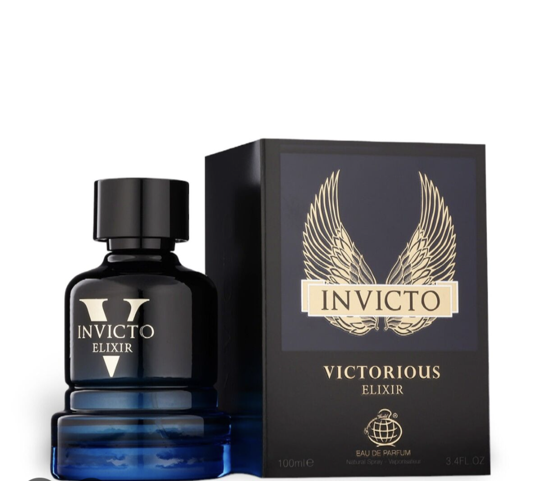 Flacon luxueux du parfum Nvicto Victorious Elixir, design angulaire et métallique