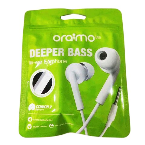 Écouteurs Oraimo Deep Bass présentés dans leur boîte avec les différents embouts