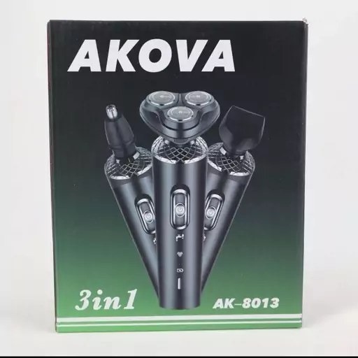 Rasoir électrique Akova AK-80134 3 en 1 vu de face, posé avec ses accessoires