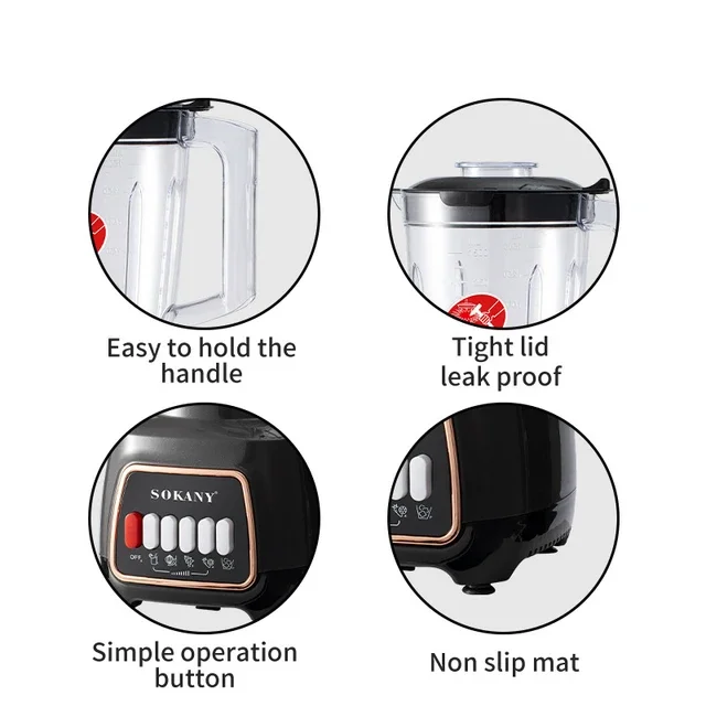 Détail du pichet en verre de 1.5L du mixeur Sokany avec les lames en acier inoxydable