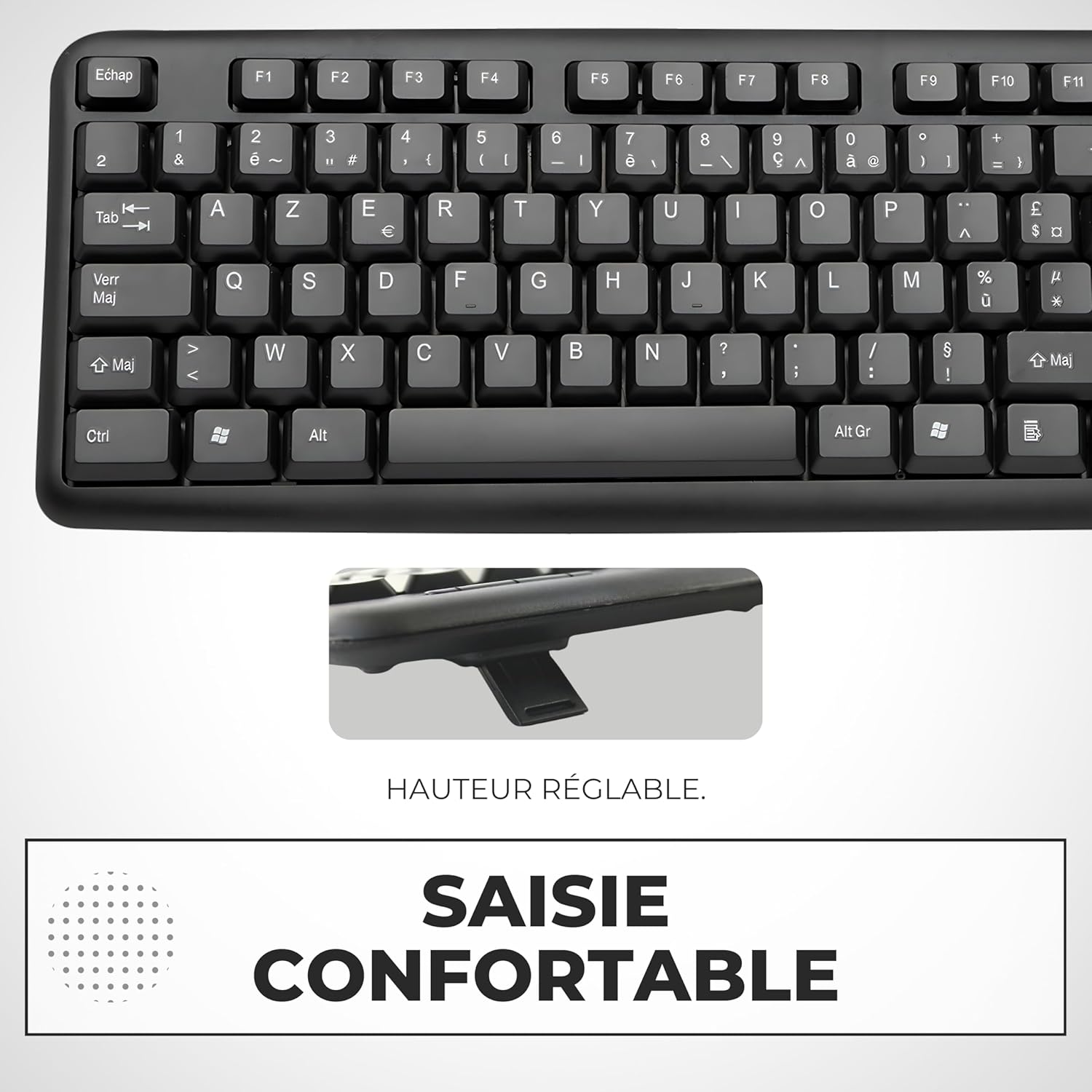 Vue de profil du clavier filaire montrant les pieds rabattables pour l'inclinaison