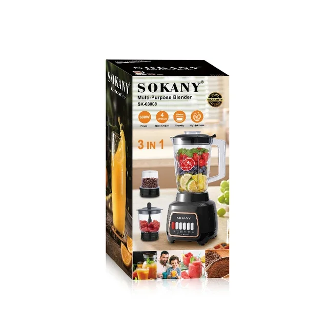 Vue d'ensemble de tous les éléments du Mixeur Sokany 3 en 1 déballés et prêts à l'emploi