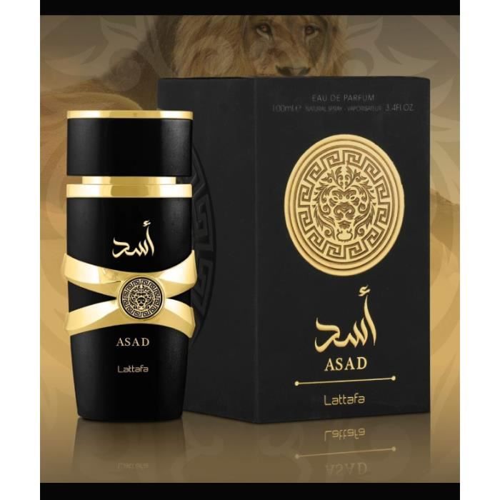 Flacon du Parfum Asad by Lattafa pour homme, design doré et élégant