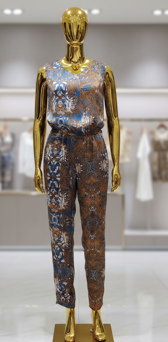 Combinaison en soie naturelle noire, taille S/Petit M, portée par un mannequin, illustrant le drapé fluide et l'élégance du vêtement.