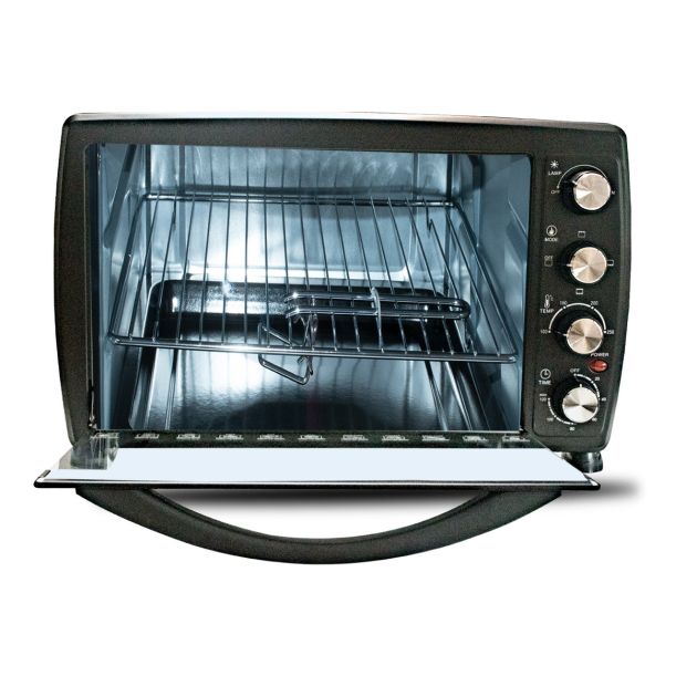 Commandes et cadran du four MeWe MWKCA-OVEN3801 montrant la minuterie et le sélecteur de température