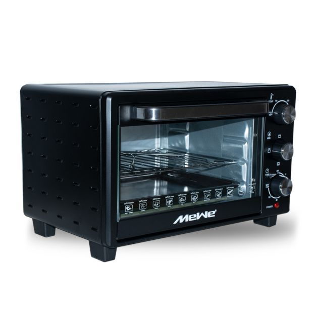 Intérieur du four MeWe MWKCA-OVEN2501 montrant la grille de cuisson amovible et la lèchefrite, fonction grill visible