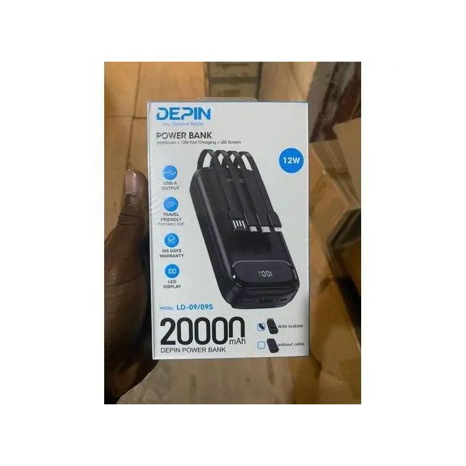 Power Bank Depin 20000 mAh Charge Rapide 12W Ecran LED 4 Cables Integres