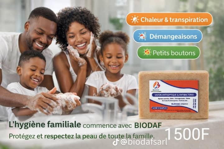 Savon Antiseptique Antibactérien BIODAF posé sur un emballage naturel