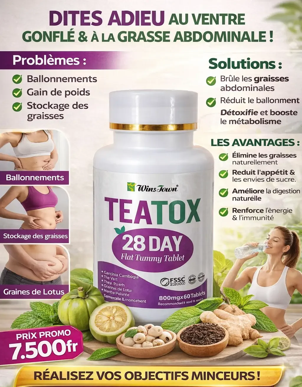 Teatox 28 Day Flat Tummy Tablet Brûleur Graisse Ventre Plat 60 Comprimés