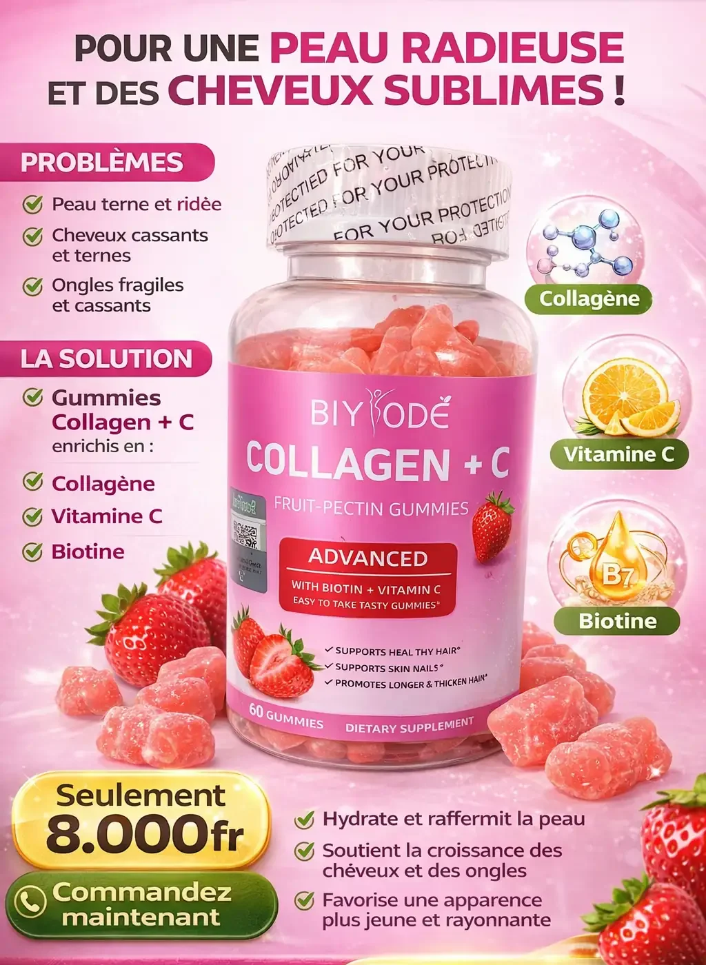 Collagène Vitamine C Gummies BIYODE Cheveux Peau Ongles 60 Gummies