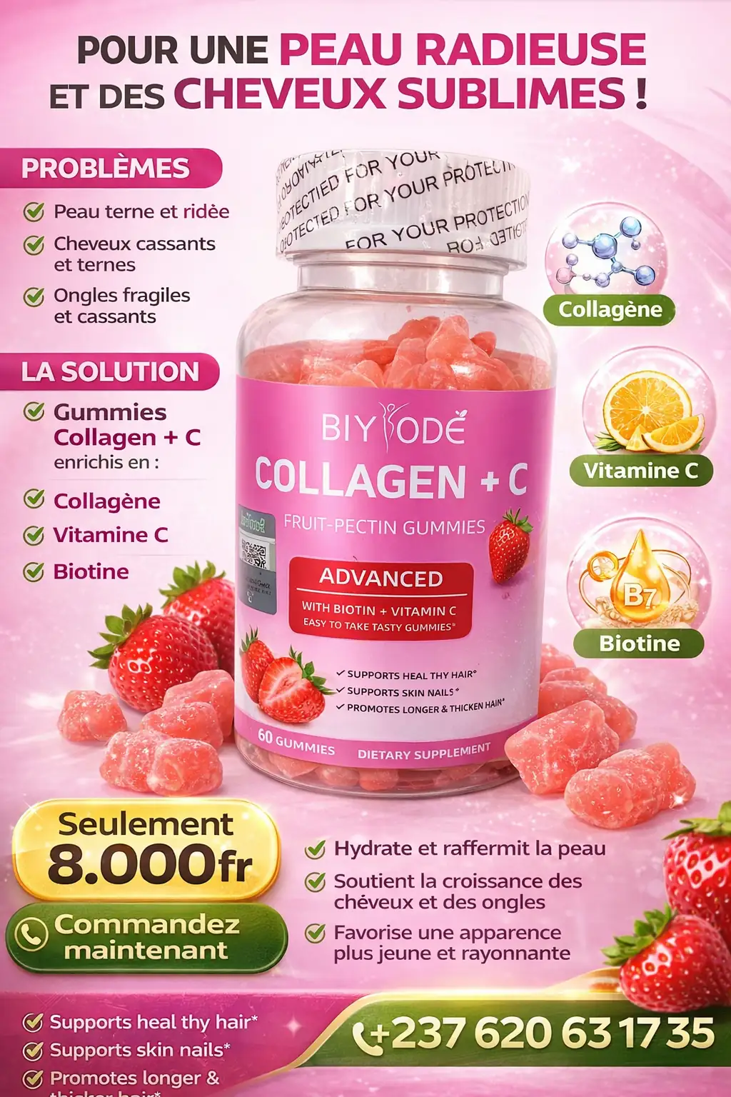Flacon de Gummies Collagène Vitamine C BIYODE, cheveux peau ongles, 60 gummies