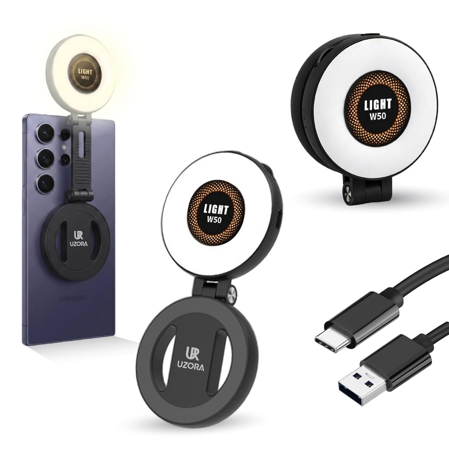 Anneau Lumineux Selfie W50 Magnétique 3 Couleurs Rechargeable USB C Clip – Image 2