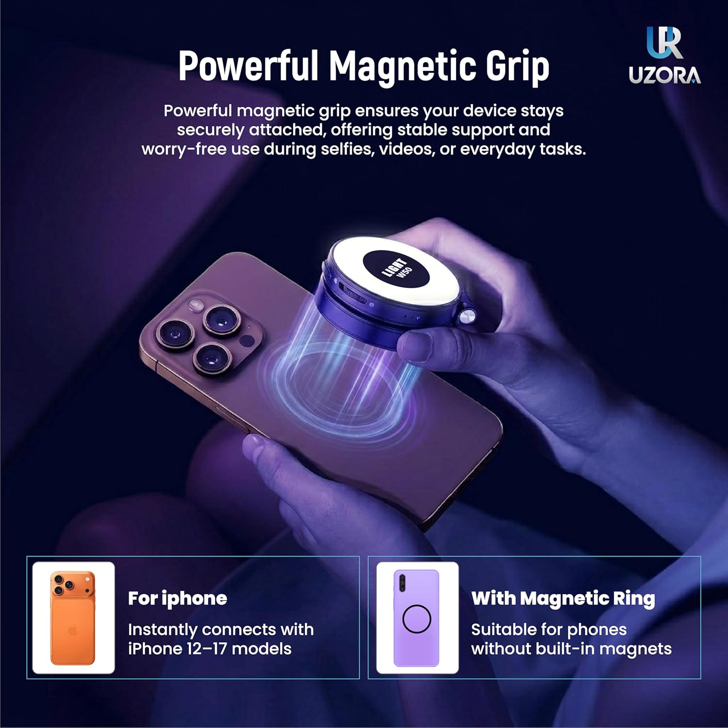 Anneau Lumineux Selfie W50 Magnétique 3 Couleurs Rechargeable USB C Clip – Image 5