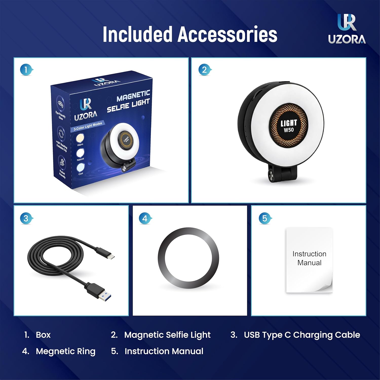 Anneau Lumineux Selfie W50 Magnétique 3 Couleurs Rechargeable USB C Clip – Image 4