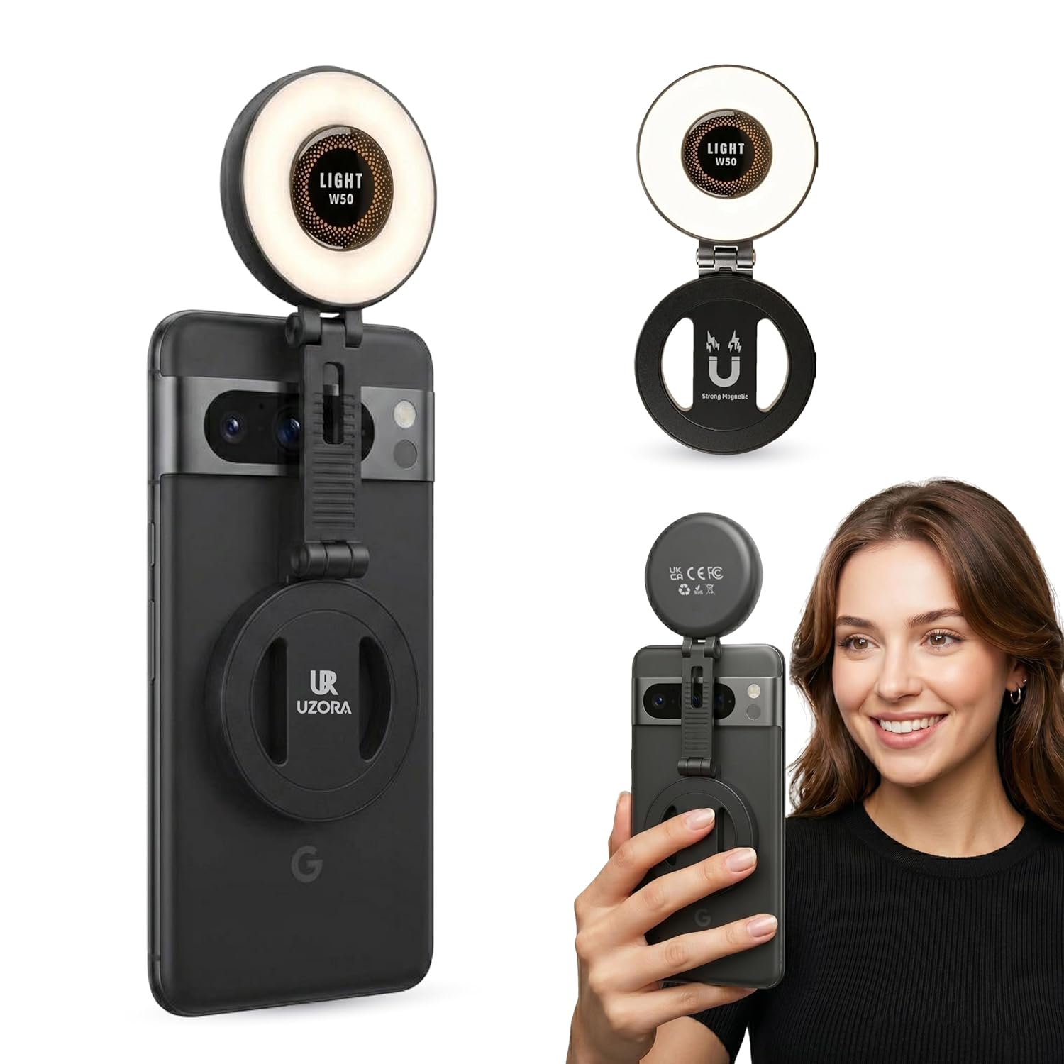 Anneau Lumineux Selfie W50 Magnétique 3 Couleurs Rechargeable USB C Clip