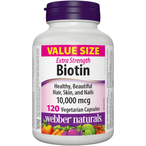 Biotine 10000 mcg Webber Naturals Cheveux Peau Ongles 120 Gélules Vegan
