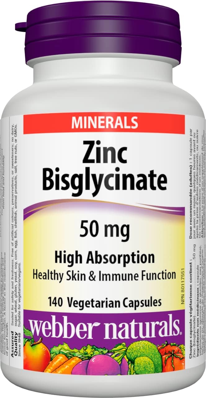 Zinc Bisglycinate 50mg Webber Naturals Immunité Peau Fertilité 140 Gélules – Image 2