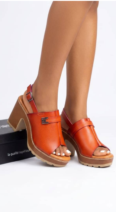 Sandales Talon Bloc Femme Bride Chevilles coloris orange et blanc