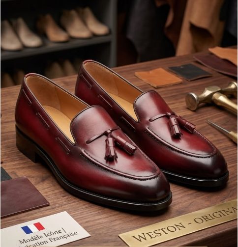 Les trois coloris du Loafer à Pompons Cuir Patiné J.M. Weston : bordeaux, vert et noir