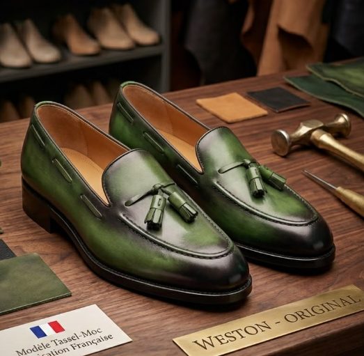 Loafer à Pompons Cuir Patiné J.M. Weston porté avec un costume élégant