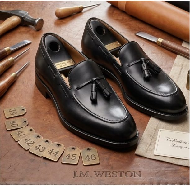 Détail du cuir patiné à la main et des pompons du Loafer J.M. Weston