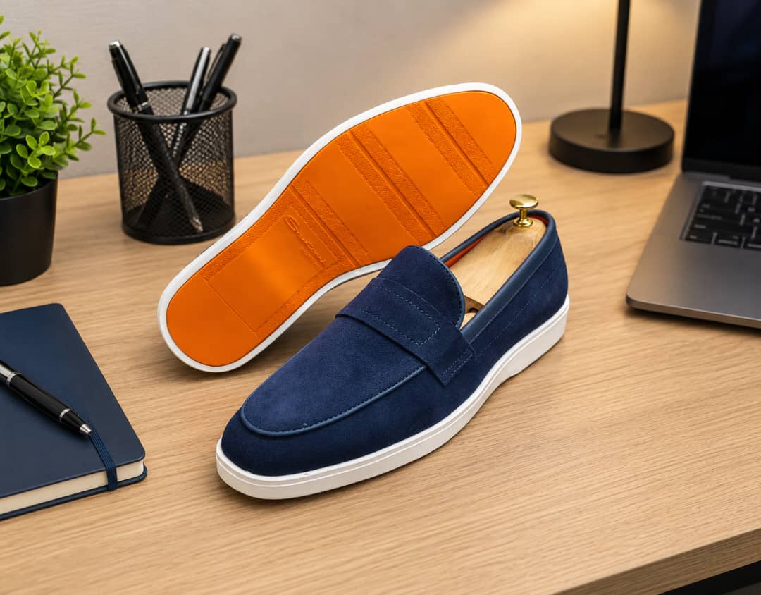 Chaussures Santoni en suède portées avec un pantalon habillé