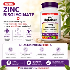 Zinc Bisglycinate 50mg Webber Naturals Immunité Peau Fertilité 140 Gélules