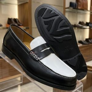 Mocassin Penny Loafer Bicolore Cuir Noir Blanc Semelle Gomme 40-45