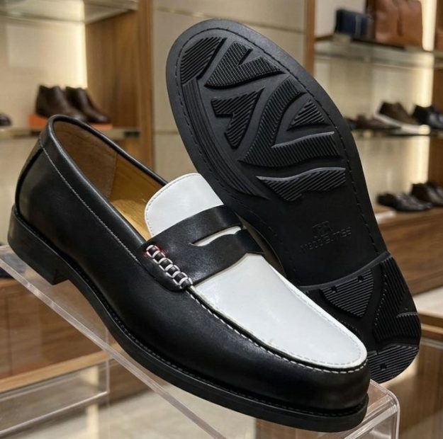Mocassin Penny Loafer Bicolore Cuir Noir Blanc Semelle Gomme 40-45