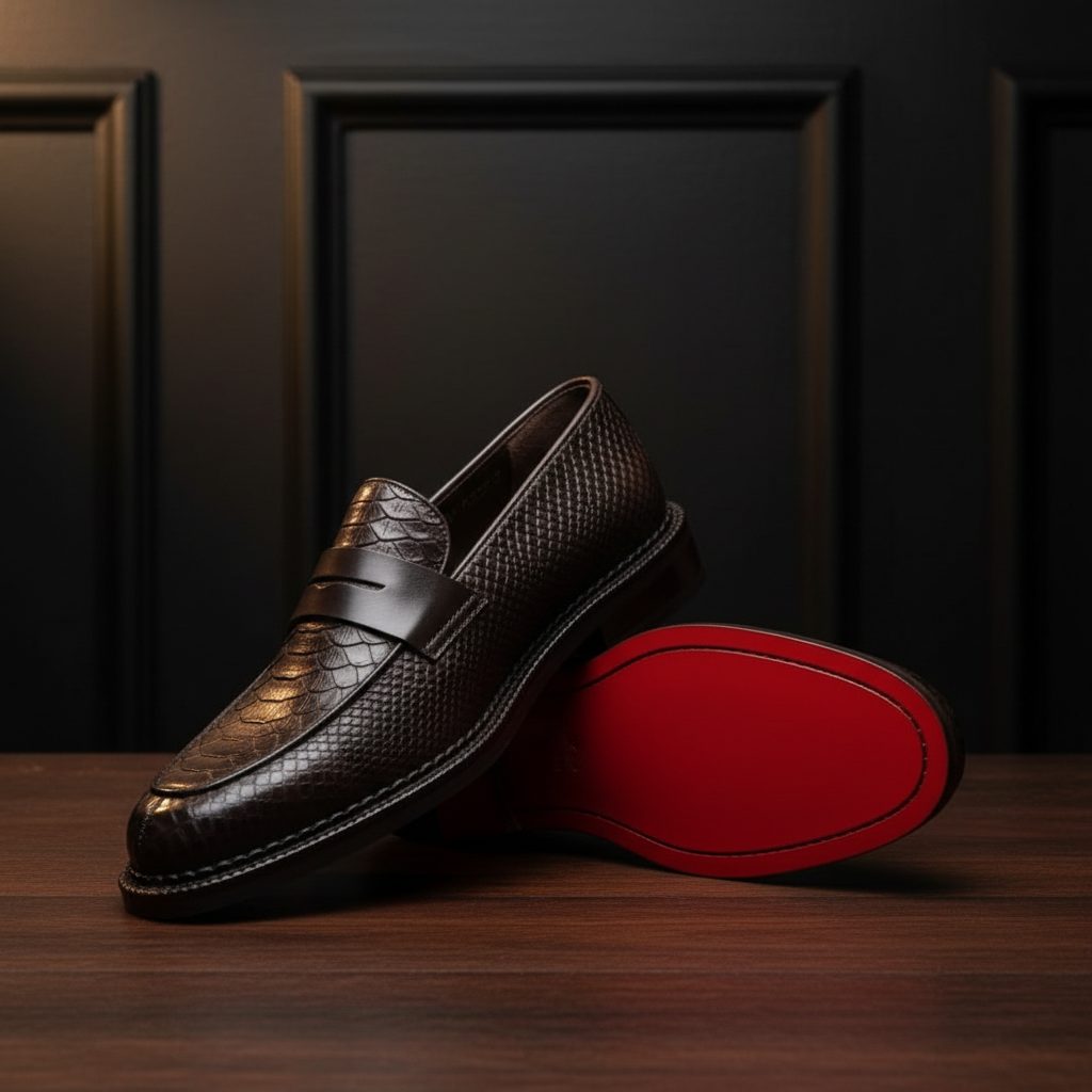 Loafer Python Texturé Semelle Rouge sur fond noir