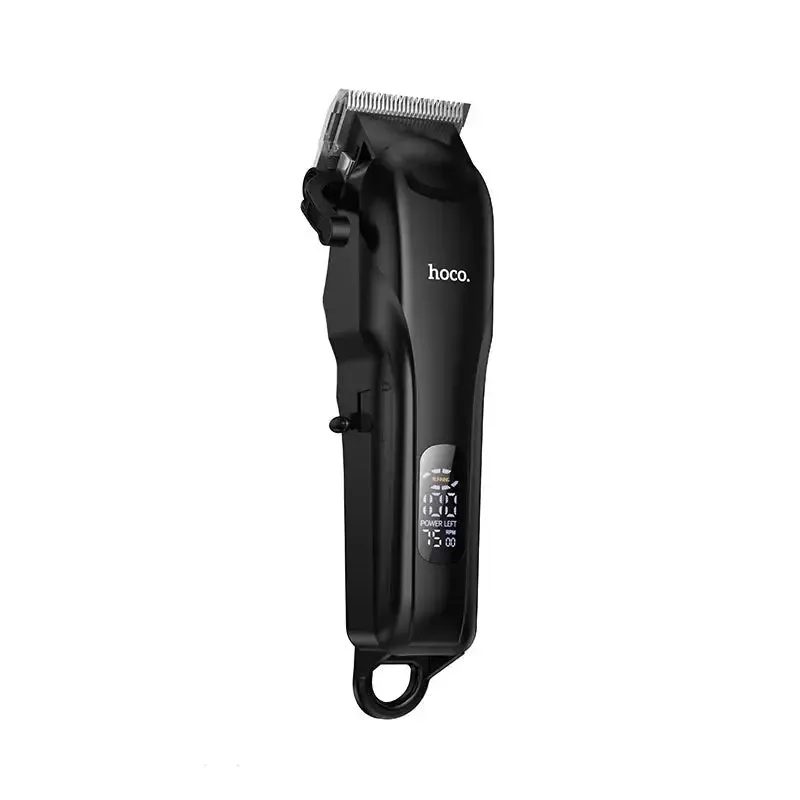 Vue rapprochée de la tondeuse Hoco HP24 avec son écran LED et ses lames en acier inoxydable