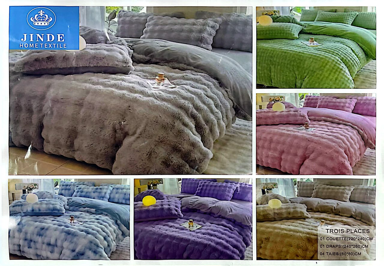 Ensemble Couette Velours 3 Places Complet Drap Housse 4 Taies