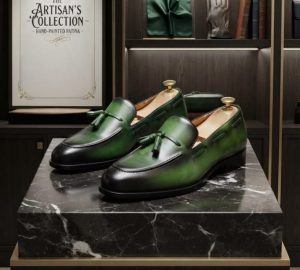 Loafer Tassel Cuir Patine Vert Gradient Noir et Gris 40-46