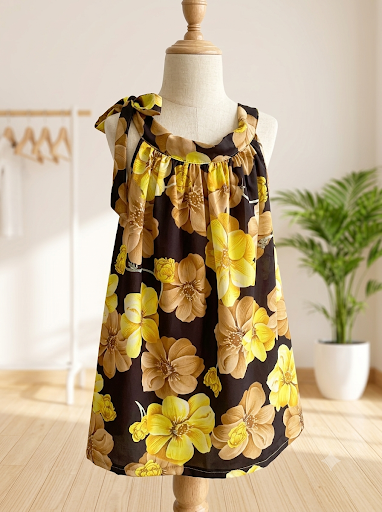 Robe Fille Motif Floral Jaune Noir â Image 2