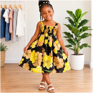 Robe Fille Sans Manches Tournesol Jaune Noir Élastique 3-8 Ans