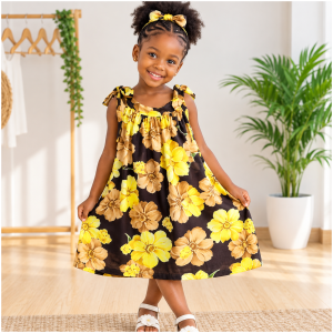 Robe Fille Motif Floral Jaune Noir